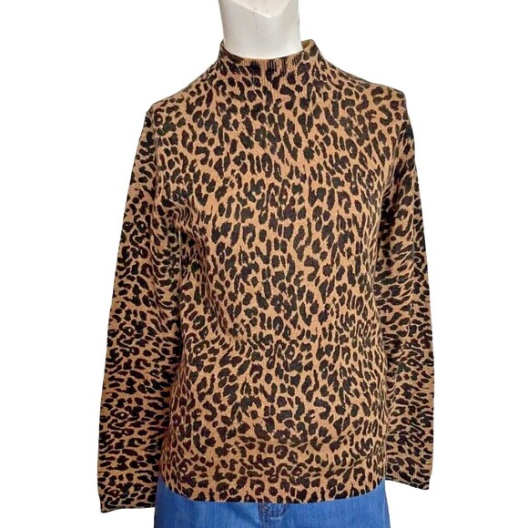 Neiman Marcus Women's Cashmere Collection Tight Knit Leopard Print Mock-Neck Sm - Picture 5 of 11